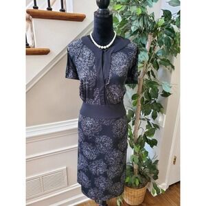 Allison Morgan Women's Black Floral Short Sleeve Round Neck Knee Length Dress 20